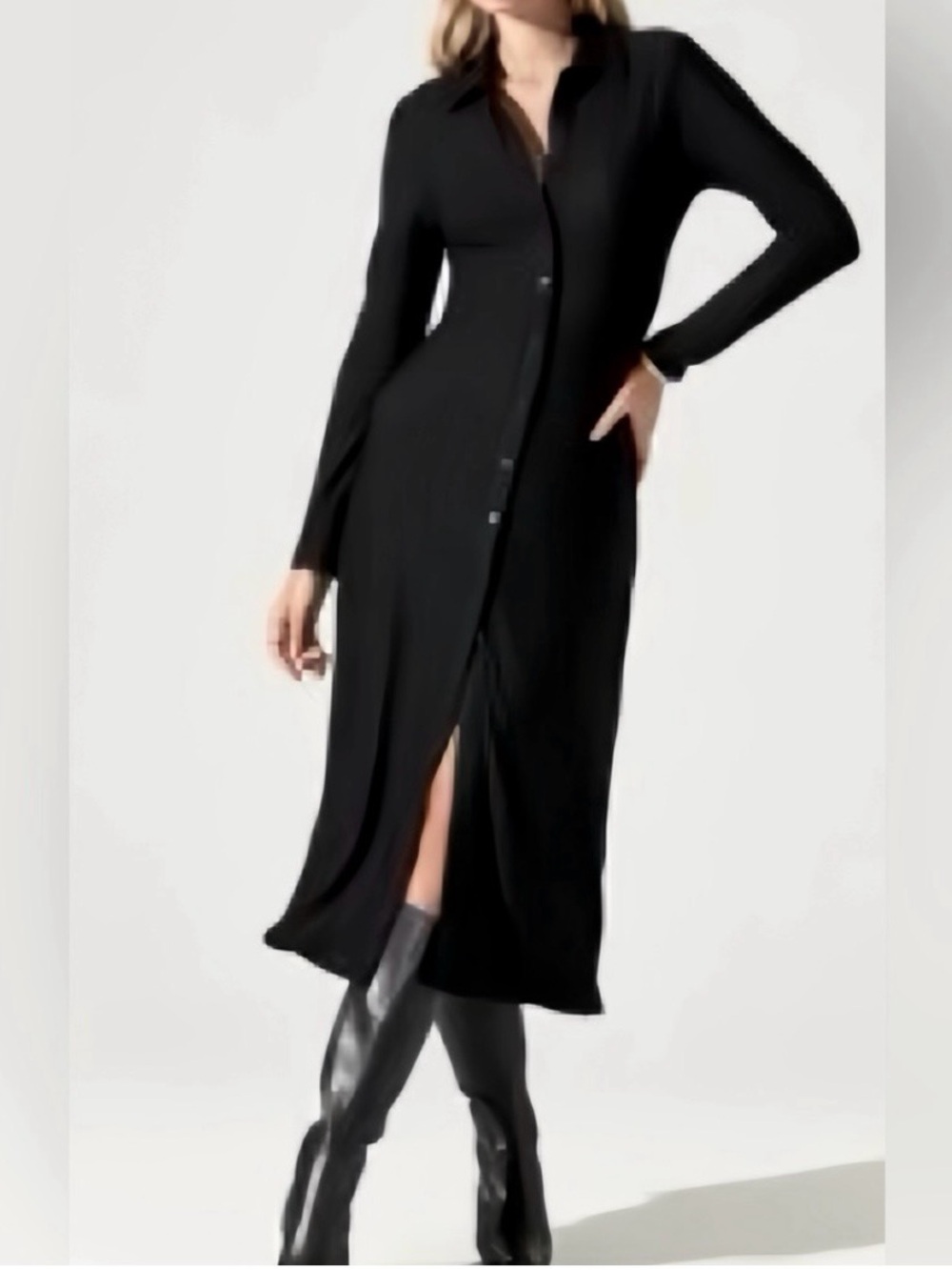 Aritzia Wilfred Black Midi Shirt Dress with Front Slit